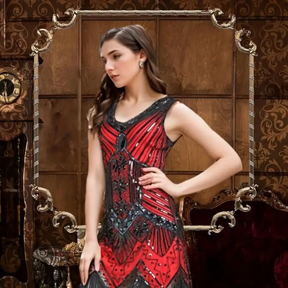 1920s Sequin Beaded V Neck Fringed Dress X-Large Red with 20s Accessories Set - Picture 3 of 3